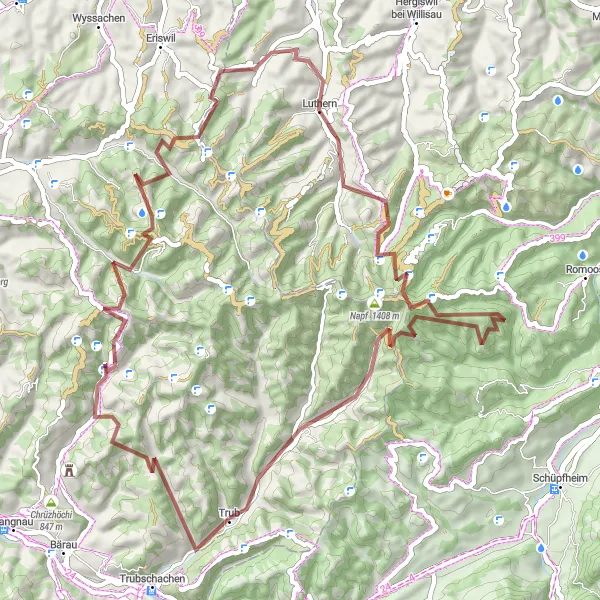 Miniatura della mappa di ispirazione al ciclismo "Tour in bicicletta Gravel tra Luthern e Risiseggknubel" nella regione di Espace Mittelland, Switzerland. Generata da Tarmacs.app, pianificatore di rotte ciclistiche
