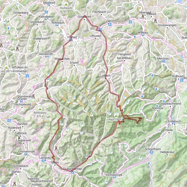 Zemljevid v pomanjšavi "Razburljiva gravel avantura v Švicarski naravi" kolesarske inspiracije v Espace Mittelland, Switzerland. Generirano z načrtovalcem kolesarskih poti Tarmacs.app