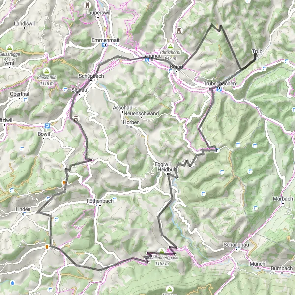 Miniatura della mappa di ispirazione al ciclismo "Tour in bicicletta da Trub a Langnau attraverso Eggiwil" nella regione di Espace Mittelland, Switzerland. Generata da Tarmacs.app, pianificatore di rotte ciclistiche