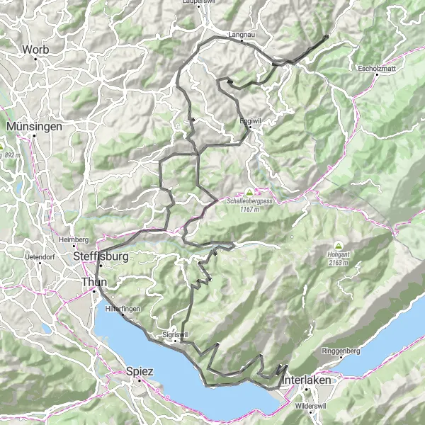 Karten-Miniaturansicht der Radinspiration "Herausfordernde Bergetappen durchs Mittelland" in Espace Mittelland, Switzerland. Erstellt vom Tarmacs.app-Routenplaner für Radtouren