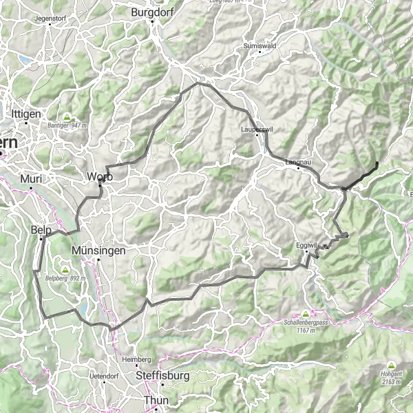 Mapa miniatúra "Howürzhoger - Chrüzhöchi Road Trip" cyklistická inšpirácia v Espace Mittelland, Switzerland. Vygenerované cyklistickým plánovačom trás Tarmacs.app