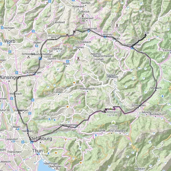 Kartminiatyr av "Upptäck Trubschachen till Chrüzhöchi" cykelinspiration i Espace Mittelland, Switzerland. Genererad av Tarmacs.app cykelruttplanerare