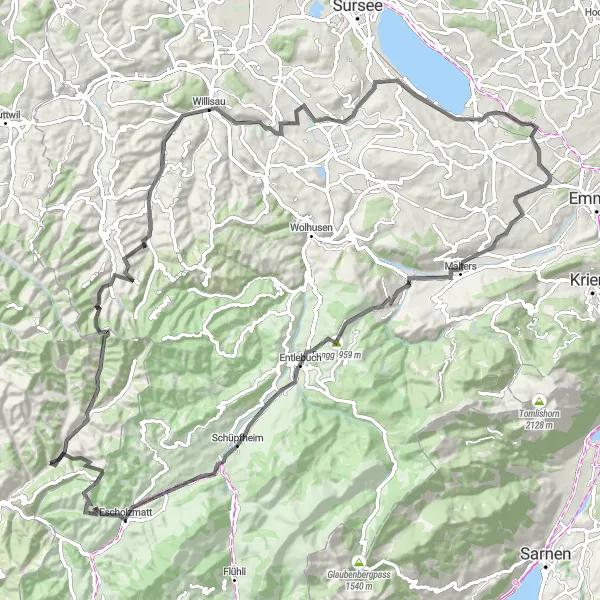 Map miniature of "Trub - Änzisattel - Willisau - Buttisholz - Lake Sempach - Malters - Rengg - Schüpfheim - Bock - Trub" cycling inspiration in Espace Mittelland, Switzerland. Generated by Tarmacs.app cycling route planner