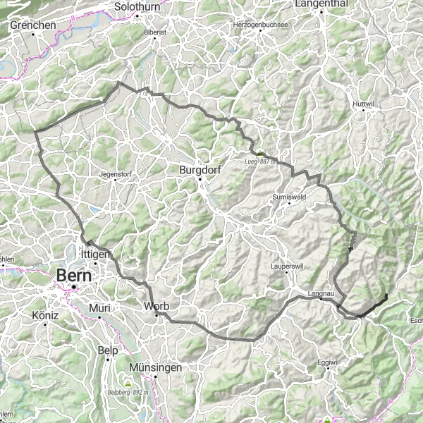 Zemljevid v pomanjšavi "Raznolika pot Worb" kolesarske inspiracije v Espace Mittelland, Switzerland. Generirano z načrtovalcem kolesarskih poti Tarmacs.app