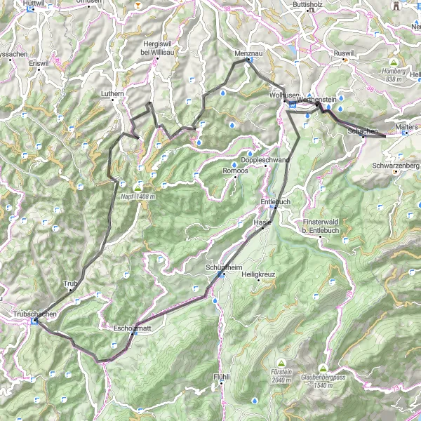 Mapa miniatúra "Trub - Escholzmatt Cyklotrasa (cesta)" cyklistická inšpirácia v Espace Mittelland, Switzerland. Vygenerované cyklistickým plánovačom trás Tarmacs.app