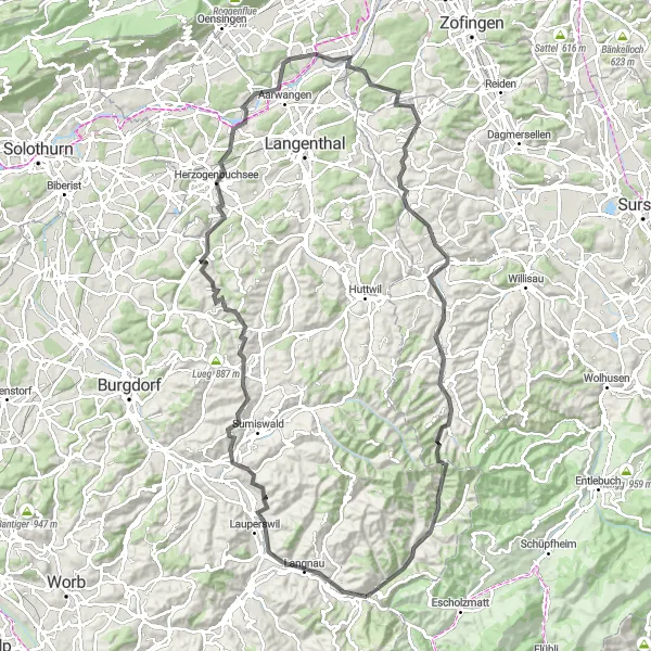 Karten-Miniaturansicht der Radinspiration "Hügeliges Abenteuer von Trubschachen" in Espace Mittelland, Switzerland. Erstellt vom Tarmacs.app-Routenplaner für Radtouren