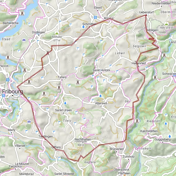 Karttaminiaatyyri "Ueberstorf - Dälehubel - Fribourg - Schmitten - Ueberstorf" pyöräilyinspiraatiosta alueella Espace Mittelland, Switzerland. Luotu Tarmacs.app pyöräilyreittisuunnittelijalla