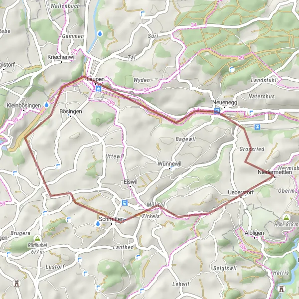 Karten-Miniaturansicht der Radinspiration "Kleine Gravel-Runde nach Laupen" in Espace Mittelland, Switzerland. Erstellt vom Tarmacs.app-Routenplaner für Radtouren
