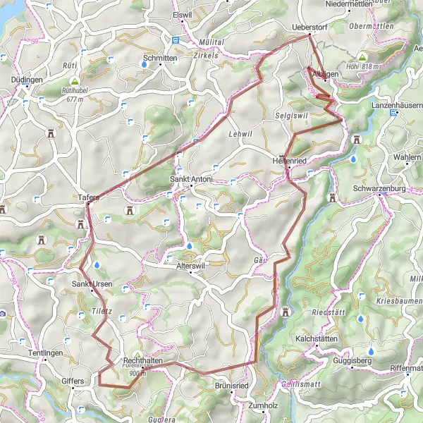 Map miniature of "Ueberstorf - Heitenried - Sankt Ursen - Ueberstorf" cycling inspiration in Espace Mittelland, Switzerland. Generated by Tarmacs.app cycling route planner