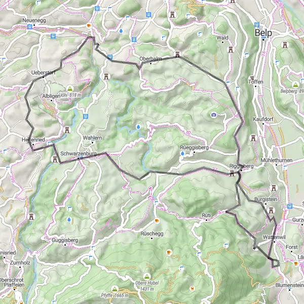 Miniatura della mappa di ispirazione al ciclismo "Giro panoramico da Ueberstorf" nella regione di Espace Mittelland, Switzerland. Generata da Tarmacs.app, pianificatore di rotte ciclistiche