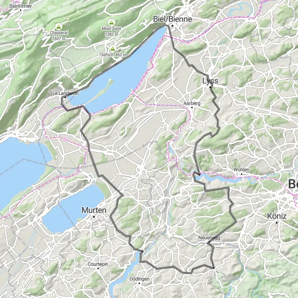 Karttaminiaatyyri "Wünnewil - Biel/Bienne Scenic Road Trip" pyöräilyinspiraatiosta alueella Espace Mittelland, Switzerland. Luotu Tarmacs.app pyöräilyreittisuunnittelijalla