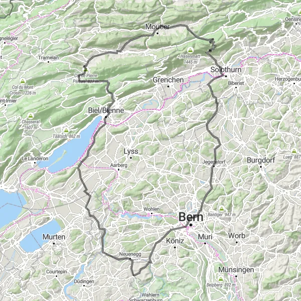 Kartminiatyr av "Utfordrende Opplevelser på Veien: Road Bike Adventure" sykkelinspirasjon i Espace Mittelland, Switzerland. Generert av Tarmacs.app sykkelrutoplanlegger