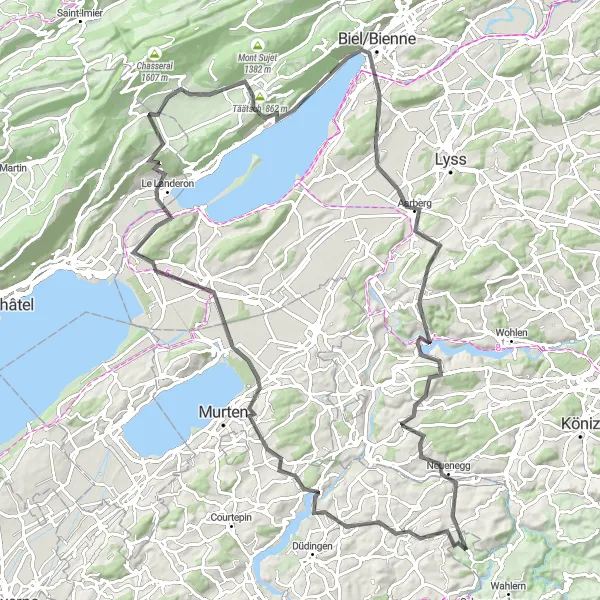 Kartminiatyr av "Turen fra Ueberstorf til Biel/Bienne og tilbake" sykkelinspirasjon i Espace Mittelland, Switzerland. Generert av Tarmacs.app sykkelrutoplanlegger