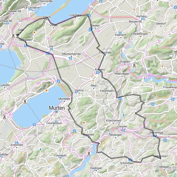 Karttaminiaatyyri "Ueberstorf - Lake Morat Circuit" pyöräilyinspiraatiosta alueella Espace Mittelland, Switzerland. Luotu Tarmacs.app pyöräilyreittisuunnittelijalla