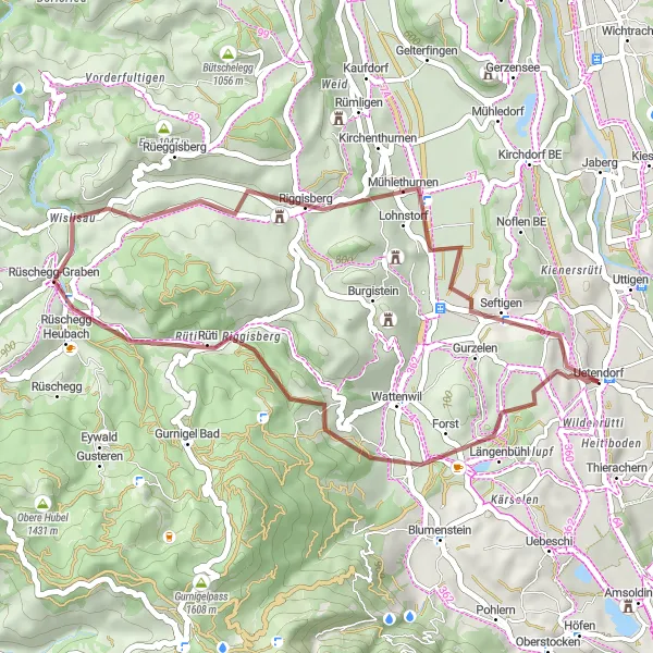 Miniatua del mapa de inspiración ciclista "Ruta de bicicleta de grava a Schönebodenegg, Rüti y Gurzelen" en Espace Mittelland, Switzerland. Generado por Tarmacs.app planificador de rutas ciclistas