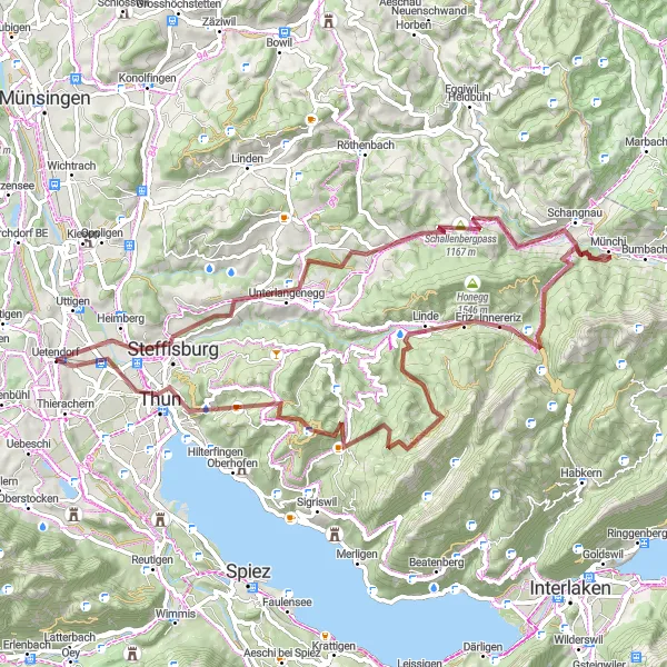 Map miniature of "Uetendorf - Steffisburg - Undere Hubel - Turner - Eriz - Hubel - Egg - Thun" cycling inspiration in Espace Mittelland, Switzerland. Generated by Tarmacs.app cycling route planner