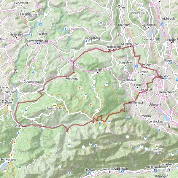Kartminiatyr av "Grusvei Eventyr til Seftigen" sykkelinspirasjon i Espace Mittelland, Switzerland. Generert av Tarmacs.app sykkelrutoplanlegger