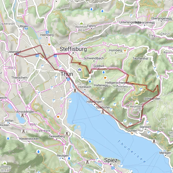 Mapa miniatúra "Gravelová cesta okolo Uetendorfu" cyklistická inšpirácia v Espace Mittelland, Switzerland. Vygenerované cyklistickým plánovačom trás Tarmacs.app