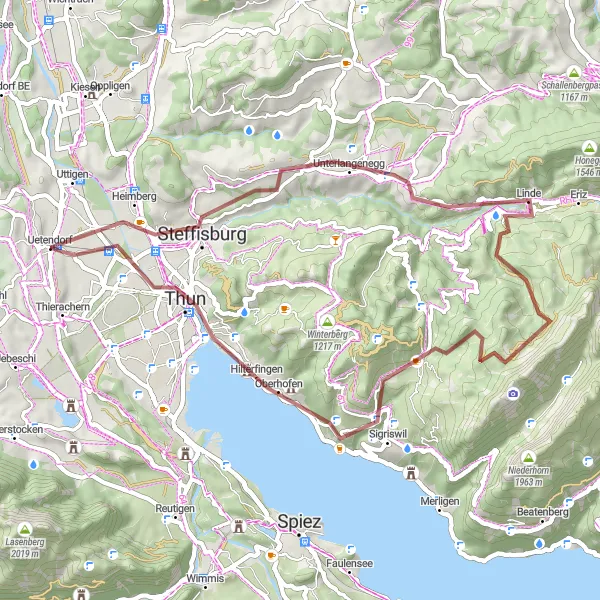 Miniatura della mappa di ispirazione al ciclismo "Tour in Gravel tra Heimberg e Thun" nella regione di Espace Mittelland, Switzerland. Generata da Tarmacs.app, pianificatore di rotte ciclistiche