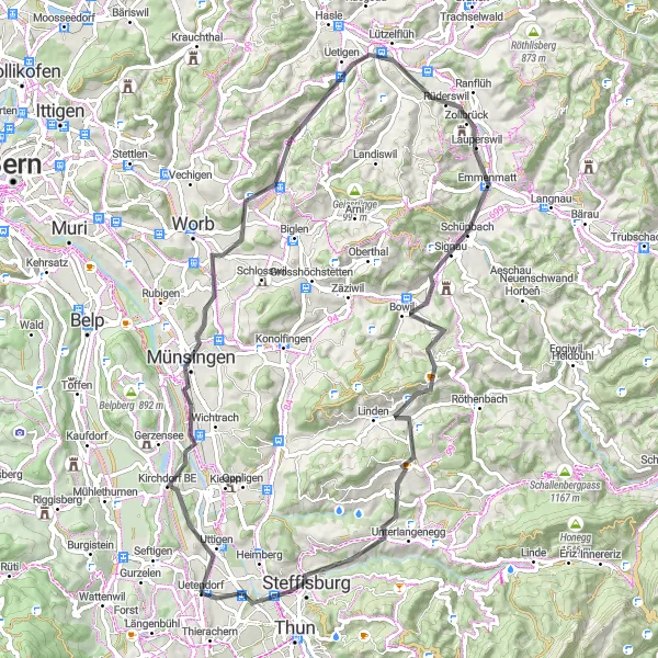 Miniatua del mapa de inspiración ciclista "Ruta escénica a Kirchdorf BE, Münsingen, Bowil y más" en Espace Mittelland, Switzerland. Generado por Tarmacs.app planificador de rutas ciclistas