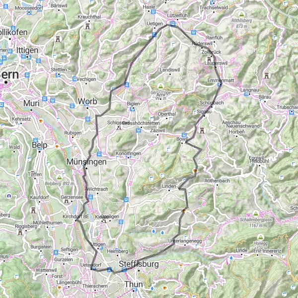 Miniatura della mappa di ispirazione al ciclismo "Giro in bicicletta da Uetendorf" nella regione di Espace Mittelland, Switzerland. Generata da Tarmacs.app, pianificatore di rotte ciclistiche