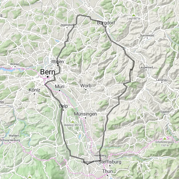 Mapa miniatúra "Cyklotúra z Uetendorfu cez Kaufdorf až po Heimberg" cyklistická inšpirácia v Espace Mittelland, Switzerland. Vygenerované cyklistickým plánovačom trás Tarmacs.app