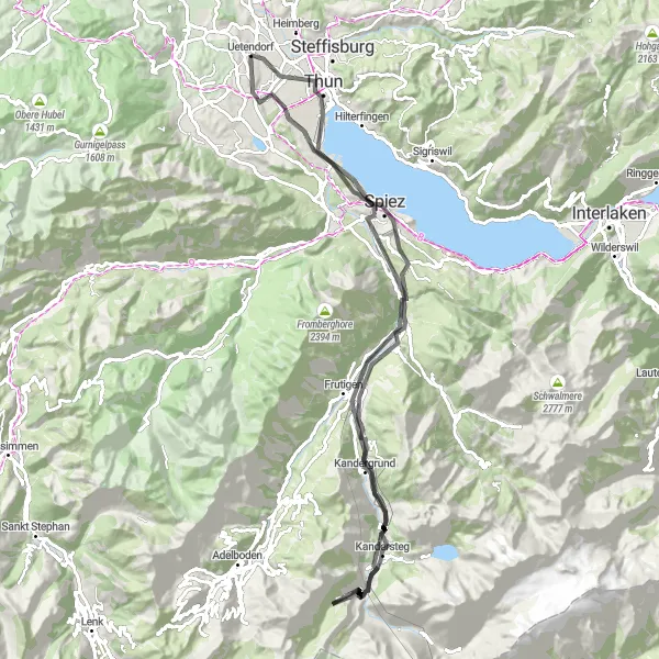 Miniatua del mapa de inspiración ciclista "Ruta en carretera a Thun, Thunersee, Kandersteg y más" en Espace Mittelland, Switzerland. Generado por Tarmacs.app planificador de rutas ciclistas
