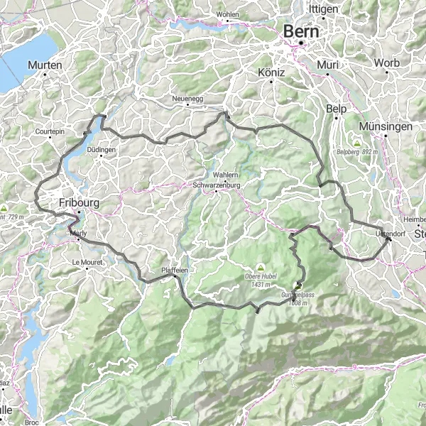 Map miniature of "Uetendorf - Längenbühl - Gspeeshubel - Selibüel - Sangernboden - Marly - Belfaux - Bad Bonn - Schmitten - Oberbalm - Rümligen - Uetendorf" cycling inspiration in Espace Mittelland, Switzerland. Generated by Tarmacs.app cycling route planner