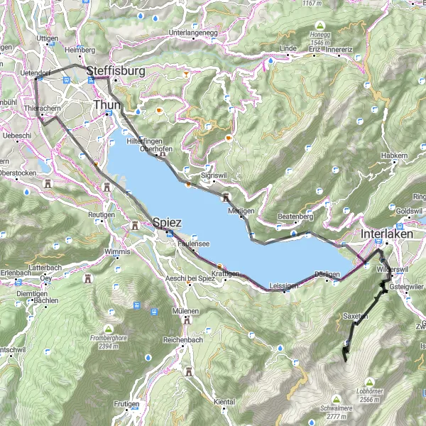 Miniatura mapy "Trasa Szosowa Thun - Schönberg - Beatenberg - Schwarzhore - Saxeten - Heimwehfluh - Leissigen - Bürg - Spiez - Thierachern" - trasy rowerowej w Espace Mittelland, Switzerland. Wygenerowane przez planer tras rowerowych Tarmacs.app