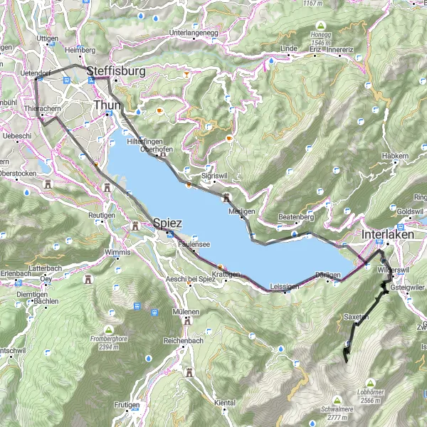 Karttaminiaatyyri "Järvenrantareitti Thunista Spieziin" pyöräilyinspiraatiosta alueella Espace Mittelland, Switzerland. Luotu Tarmacs.app pyöräilyreittisuunnittelijalla