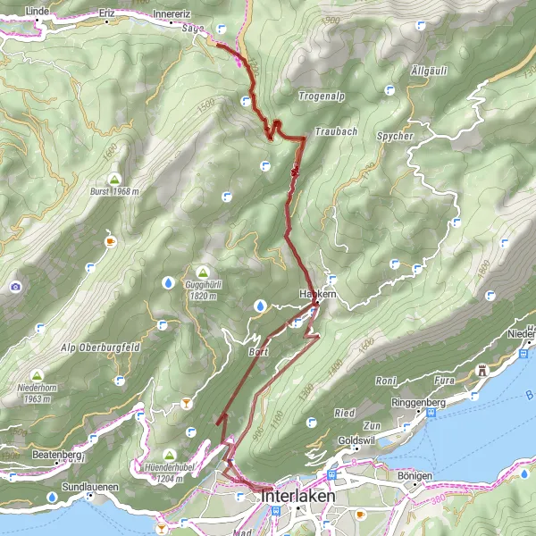 Miniatuurkaart van de fietsinspiratie "Gebirgspaden in Unterseen" in Espace Mittelland, Switzerland. Gemaakt door de Tarmacs.app fietsrouteplanner