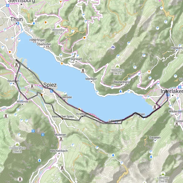 Zemljevid v pomanjšavi "Potovanje skozi slikovite vasi ob jezeru Thun" kolesarske inspiracije v Espace Mittelland, Switzerland. Generirano z načrtovalcem kolesarskih poti Tarmacs.app
