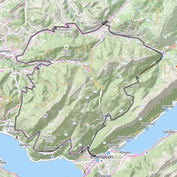 Miniatua del mapa de inspiración ciclista "Desafío ciclista de Interlaken a Habkern" en Espace Mittelland, Switzerland. Generado por Tarmacs.app planificador de rutas ciclistas