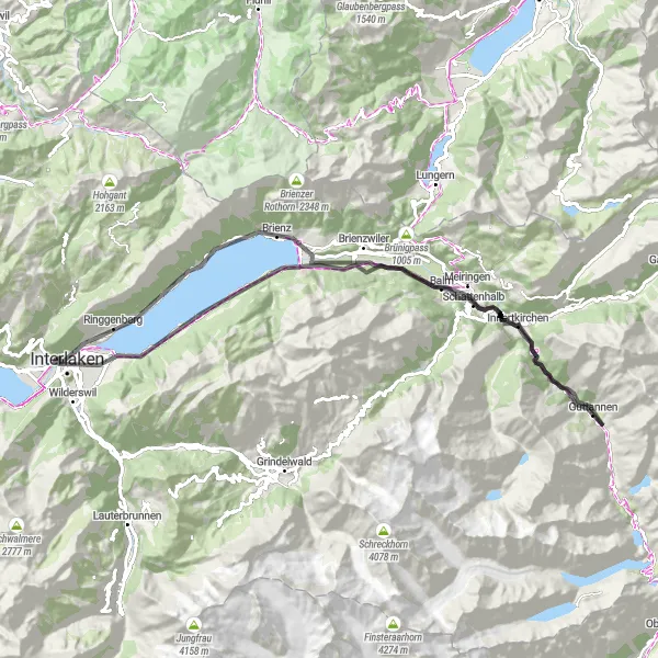 Mapa miniatúra "Cyklistický okruh s výstupom 2026 m a vzdialenosťou 91 km od Unterseen" cyklistická inšpirácia v Espace Mittelland, Switzerland. Vygenerované cyklistickým plánovačom trás Tarmacs.app