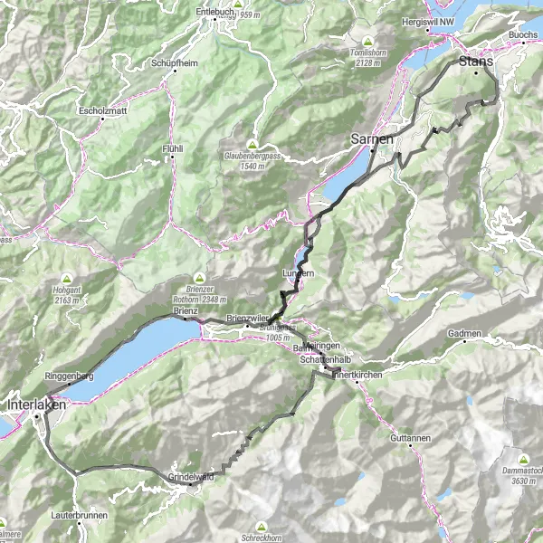 Kartminiatyr av "Brienz - Grindelwald - Rosenlaui - Gündlischwand sykkeltur" sykkelinspirasjon i Espace Mittelland, Switzerland. Generert av Tarmacs.app sykkelrutoplanlegger