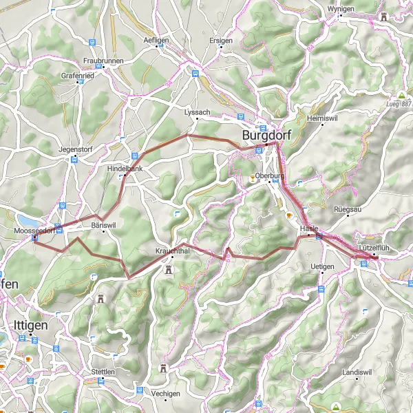 Miniatura della mappa di ispirazione al ciclismo "Giro in bicicletta da Urtenen" nella regione di Espace Mittelland, Switzerland. Generata da Tarmacs.app, pianificatore di rotte ciclistiche