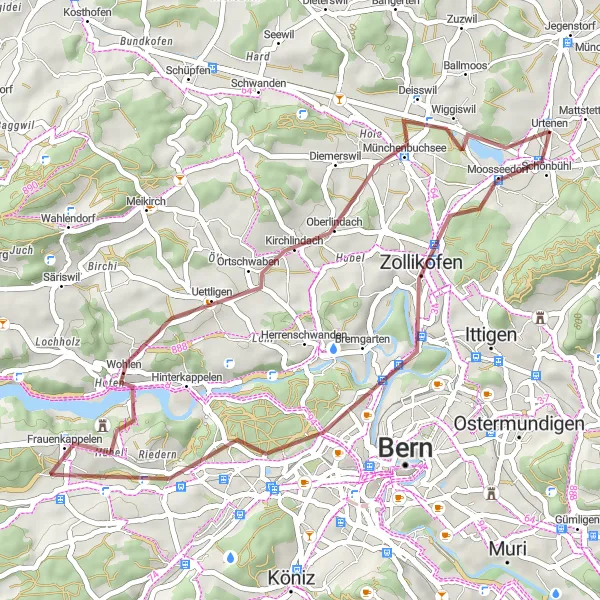 Miniatura della mappa di ispirazione al ciclismo "Itinerario Gravel Zollikofen - Kirchlindach" nella regione di Espace Mittelland, Switzerland. Generata da Tarmacs.app, pianificatore di rotte ciclistiche