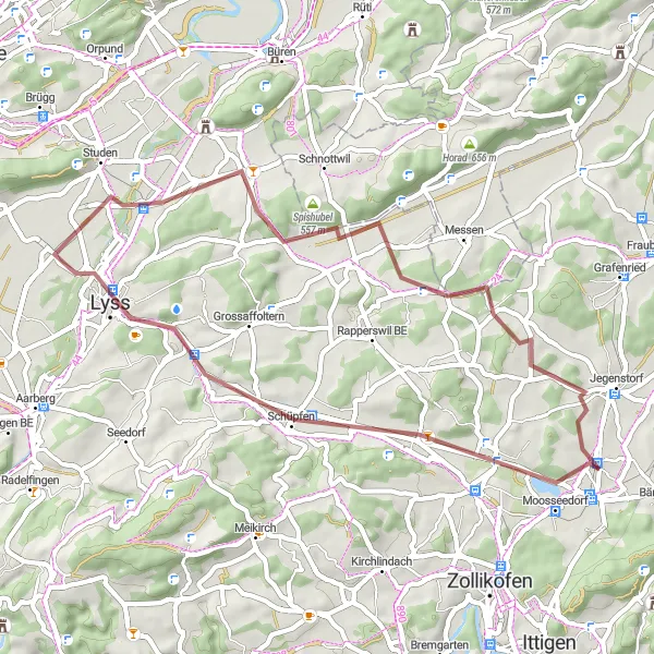 Mapa miniatúra "Gravel do okolia Urtenen" cyklistická inšpirácia v Espace Mittelland, Switzerland. Vygenerované cyklistickým plánovačom trás Tarmacs.app