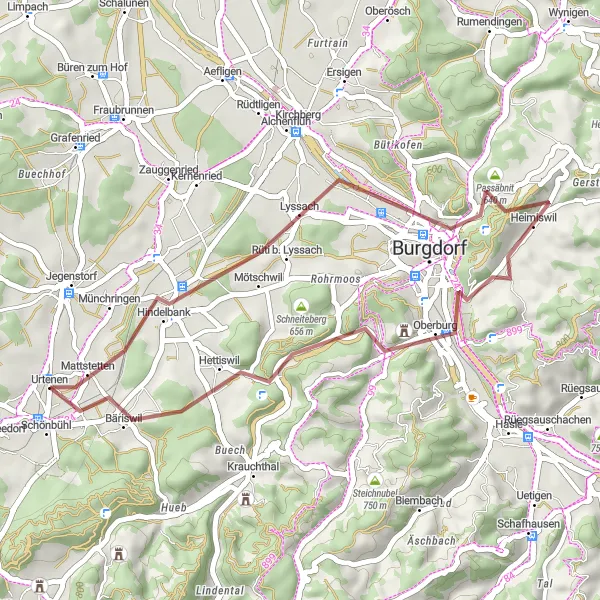 Miniature de la carte de l'inspiration cycliste "Itinéraire gravel de 34 km partant de Urtenen à Bäriswil via Burgdorf et Binzberg" dans la Espace Mittelland, Switzerland. Générée par le planificateur d'itinéraire cycliste Tarmacs.app