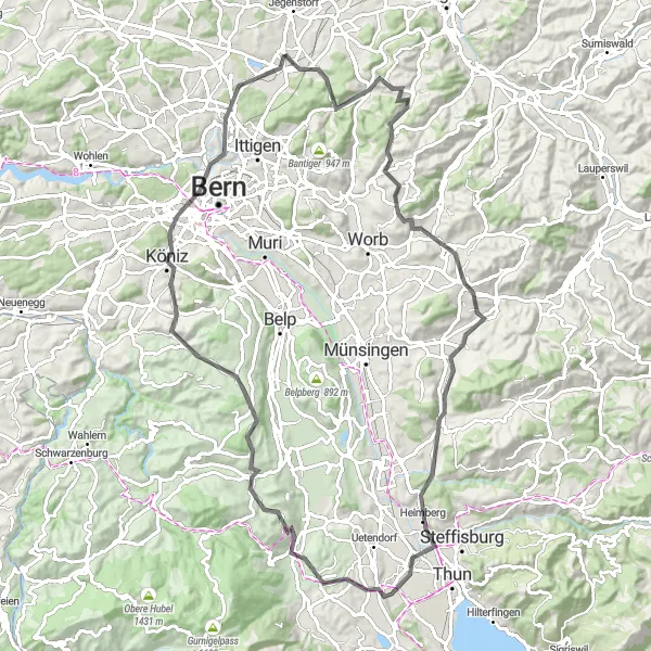 Miniature de la carte de l'inspiration cycliste "Parcours cyclable de 93 km autour de Urtenen à Biglen via Riggisberg et Köniz" dans la Espace Mittelland, Switzerland. Générée par le planificateur d'itinéraire cycliste Tarmacs.app