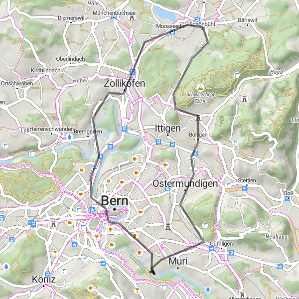 Miniatuurkaart van de fietsinspiratie "Wegfietsroute naar Ostermundigen en viewpoint" in Espace Mittelland, Switzerland. Gemaakt door de Tarmacs.app fietsrouteplanner