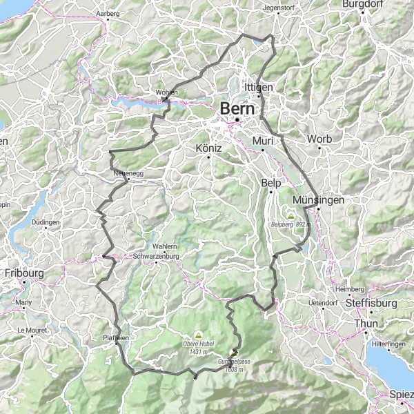 Mapa miniatúra "Trasa cez Gurnigelpass a Schwefelbergbad" cyklistická inšpirácia v Espace Mittelland, Switzerland. Vygenerované cyklistickým plánovačom trás Tarmacs.app