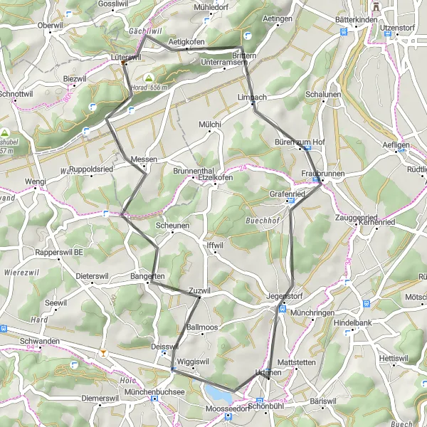 Miniatura della mappa di ispirazione al ciclismo "Itinerario Road Zuzwil - Fraubrunnen" nella regione di Espace Mittelland, Switzerland. Generata da Tarmacs.app, pianificatore di rotte ciclistiche