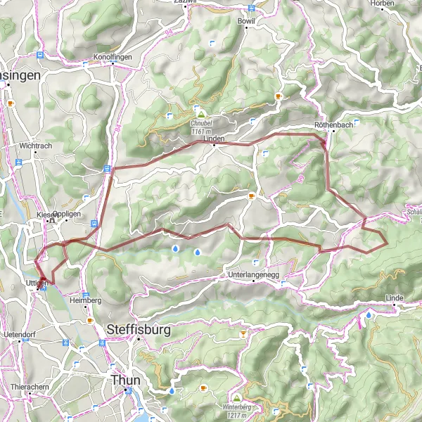 Miniatura della mappa di ispirazione al ciclismo "Gravel Route from Uttigen" nella regione di Espace Mittelland, Switzerland. Generata da Tarmacs.app, pianificatore di rotte ciclistiche