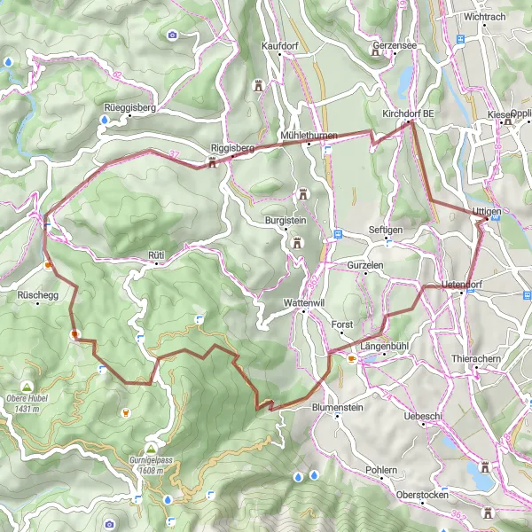 Mapa miniatúra "Gravel Adventure in the Countryside near Uttigen" cyklistická inšpirácia v Espace Mittelland, Switzerland. Vygenerované cyklistickým plánovačom trás Tarmacs.app
