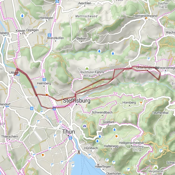 Kartminiatyr av "Gravel Eventyr gjennom Landskapet" sykkelinspirasjon i Espace Mittelland, Switzerland. Generert av Tarmacs.app sykkelrutoplanlegger