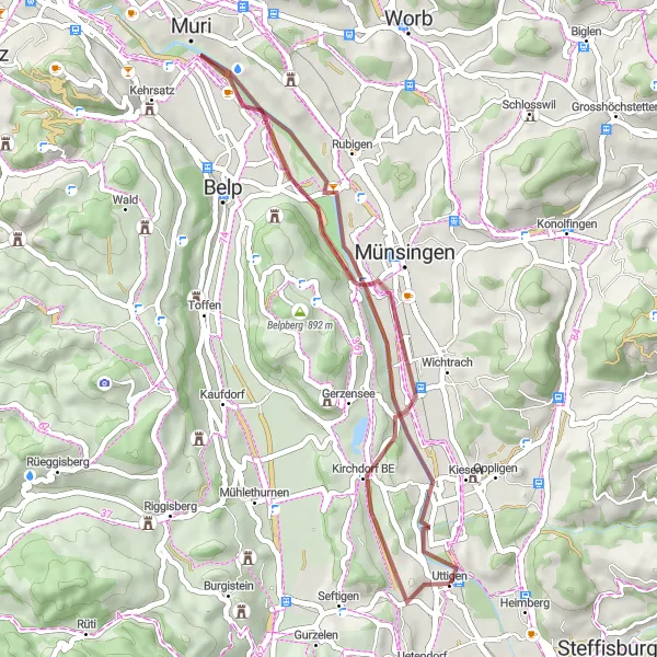 Kartminiatyr av "Utflykt till Noflen BE och Muri." cykelinspiration i Espace Mittelland, Switzerland. Genererad av Tarmacs.app cykelruttplanerare