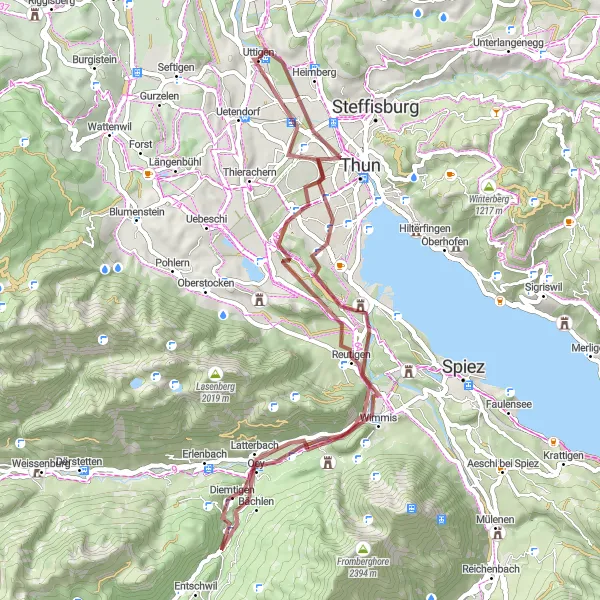 Miniatura della mappa di ispirazione al ciclismo "Avventura in bicicletta gravel verso Allmend" nella regione di Espace Mittelland, Switzerland. Generata da Tarmacs.app, pianificatore di rotte ciclistiche