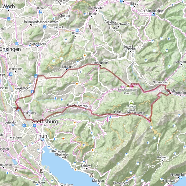 Miniatura della mappa di ispirazione al ciclismo "Giro in bicicletta da Uttigen a Steffisburg" nella regione di Espace Mittelland, Switzerland. Generata da Tarmacs.app, pianificatore di rotte ciclistiche