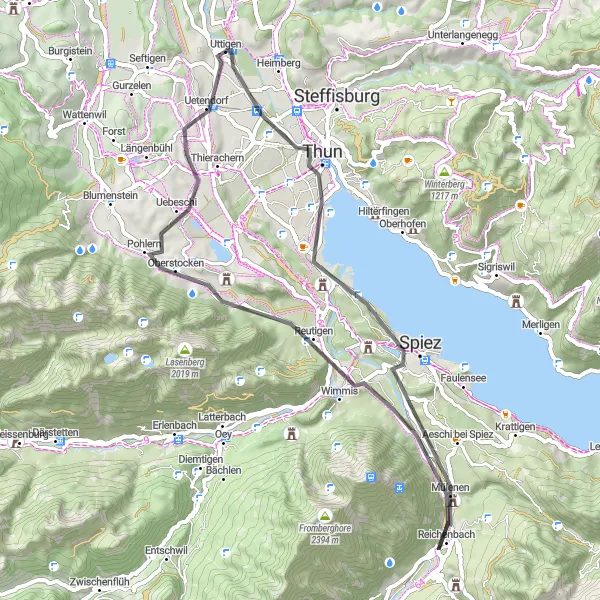 Miniatua del mapa de inspiración ciclista "Ruta de Ciclismo en Carretera de 53 km desde Uttigen" en Espace Mittelland, Switzerland. Generado por Tarmacs.app planificador de rutas ciclistas